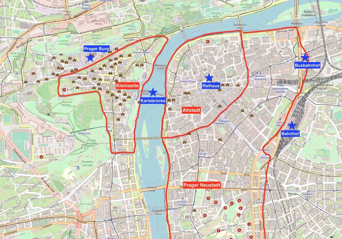 Prag Straßenkarte mit Stadtvierteln