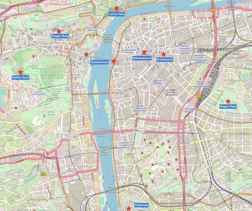 Stadtplan von Prag mit den eingezeichneten Aussichtspunkten Petřín-Turm, Prager Burg, Letná-Park, Karlsbrücke, Rathausturm, Pulverturm, Rieger Park und Vyšehrad