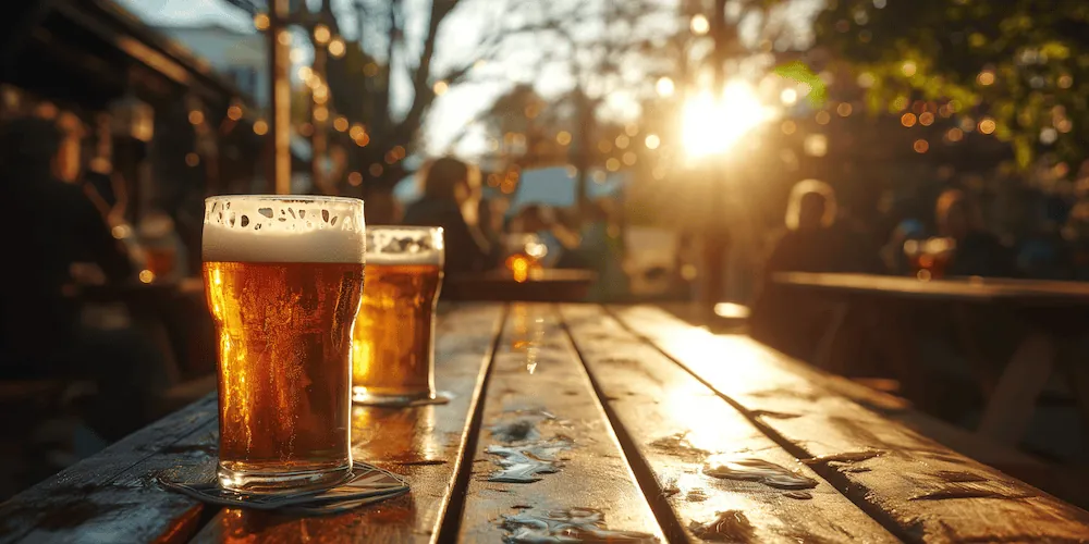 Zwei Gläser Bier auf einem Holztisch in einem Biergarten im Gegenlicht der Abendsonne