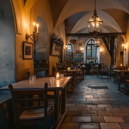 Kerzenbeleuchtetes Gewölbe einer Taverne mit Holztischen