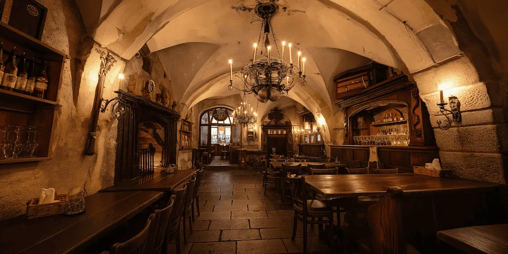 Gewölbekeller einer Taverne mit Kronleuchter und Holztischen